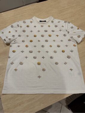 Louis Vuitton White Short-Sleeve Tee with Gold & Gray Motif
